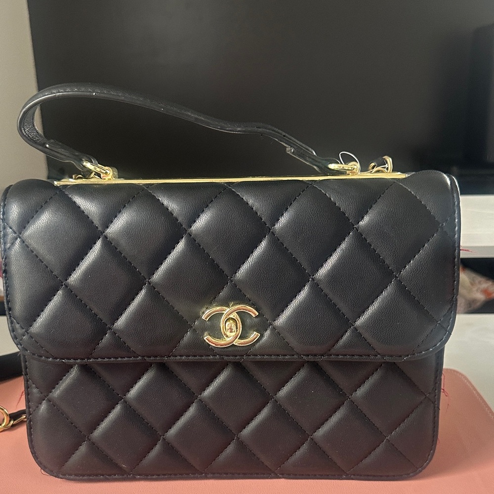 CHAPEL Black Quilted Leather Top-Handle Satchel with Gold Hardware